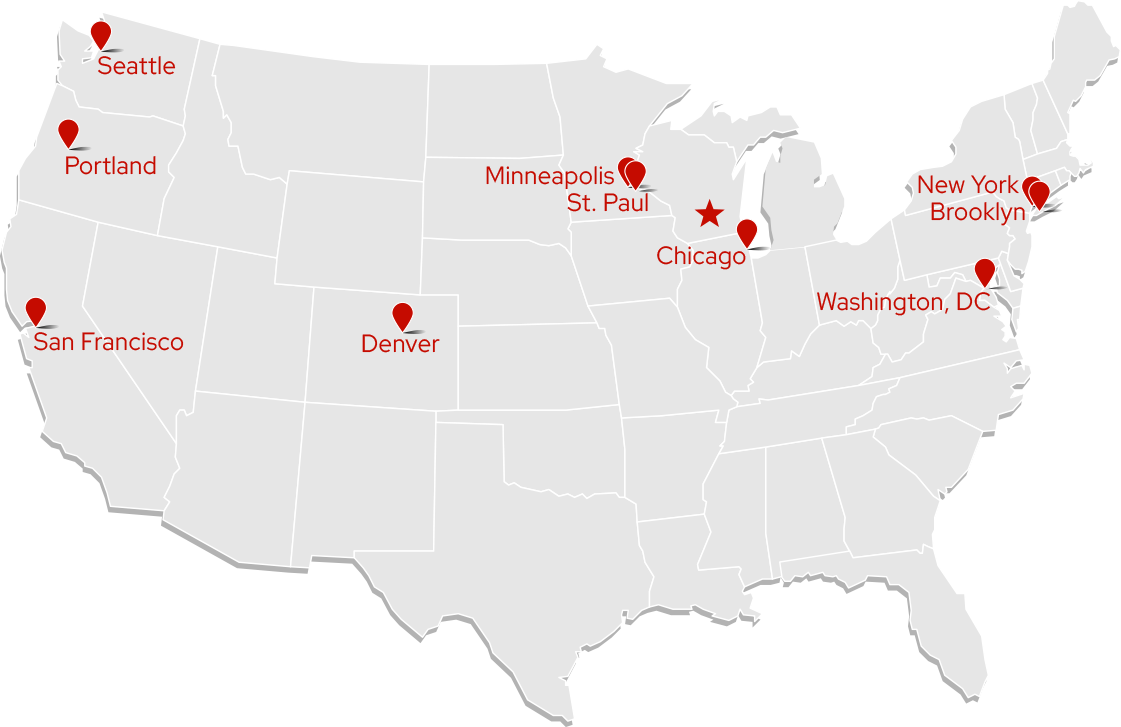 Map of the United States showing red location markers for the ten cities with the most UW–Madison alumni, and Madison highlighted by a star.