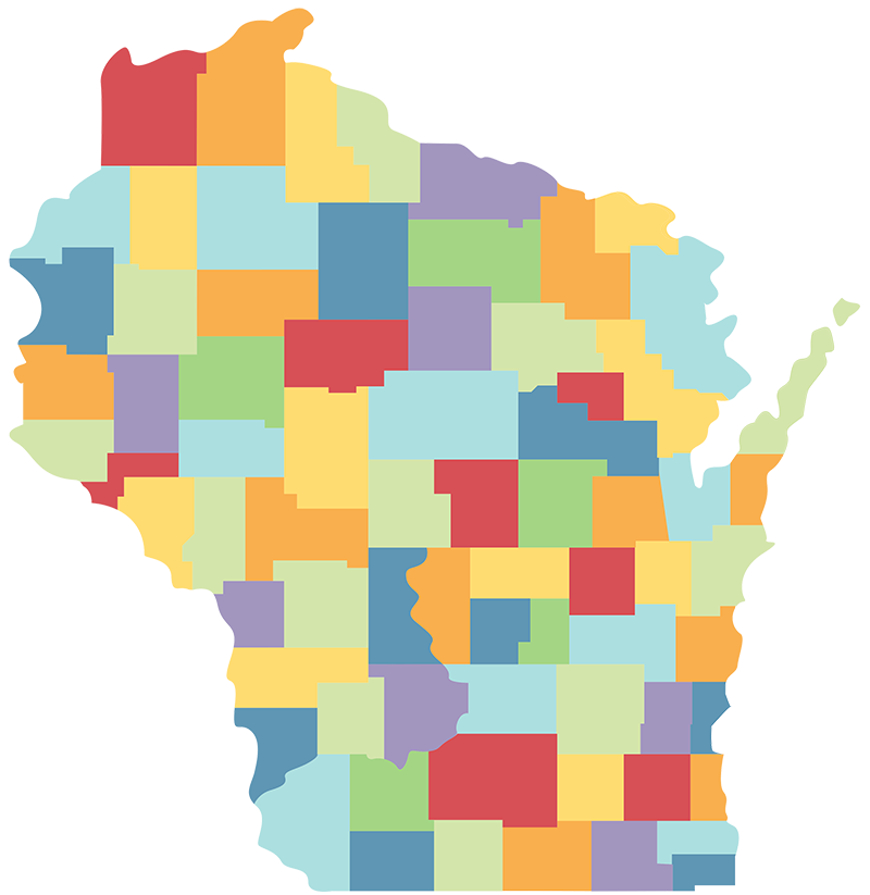 A Wisconsin map with the 72 counties shown in different colors.