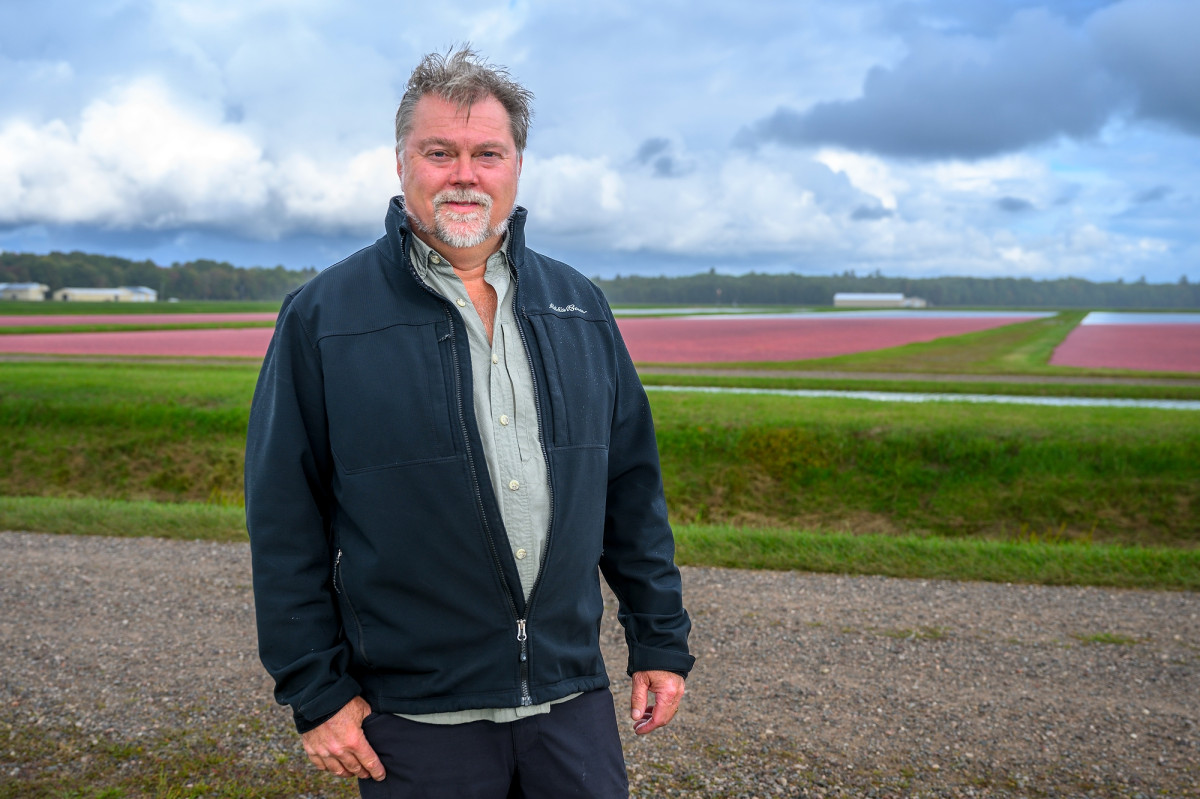 A man stand next to a cranberry bog and smiles.