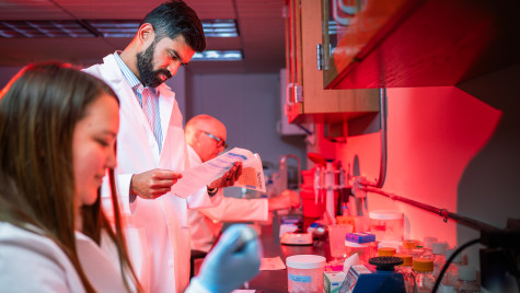 UW researchers stand along a counter in a lab.