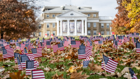 A view of Bascom Hill covered with small American flags.