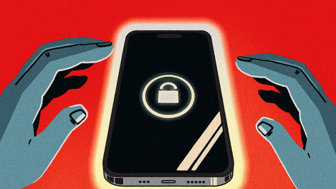 Illustration of a pair of blue hands reaching toward a smartphone displaying a glowing lock icon, set against a red background.