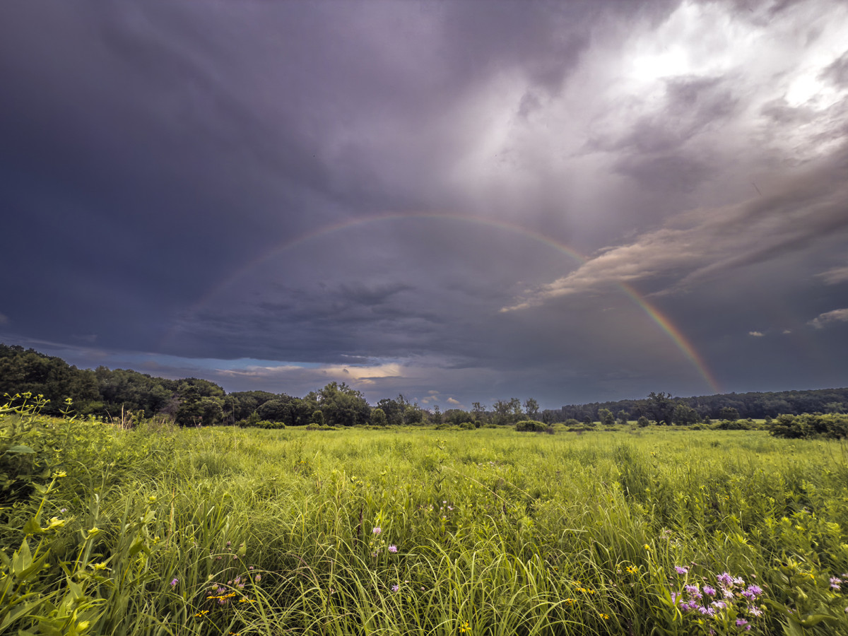 Stormy sky with a rainbow over a field of prairie