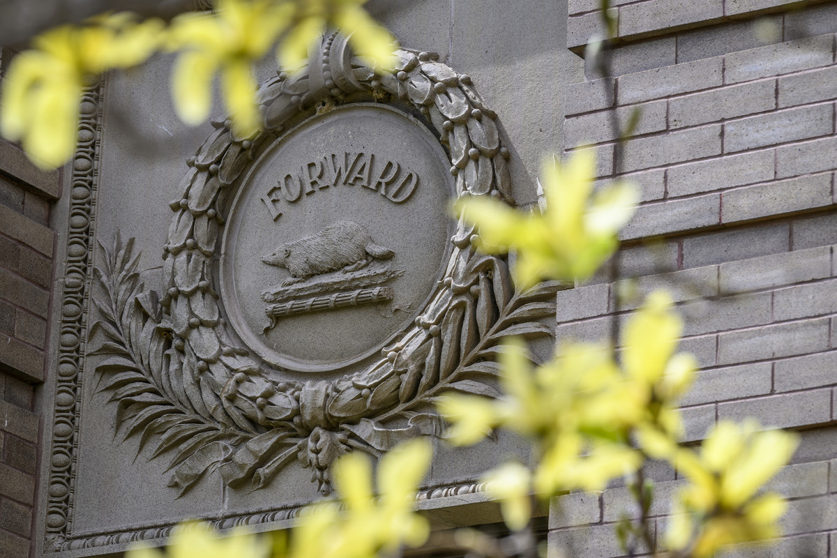 An architectural ornament on the outside of a wall with an illustration of a badger and the Wisconsin state motto "Forward" on it
