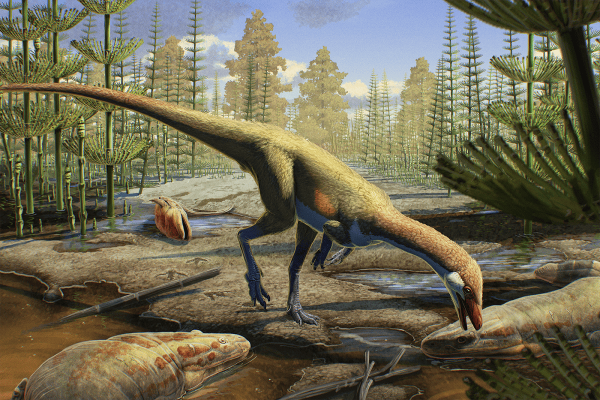Illustration of dinosaur in a lush prehistoric landscape