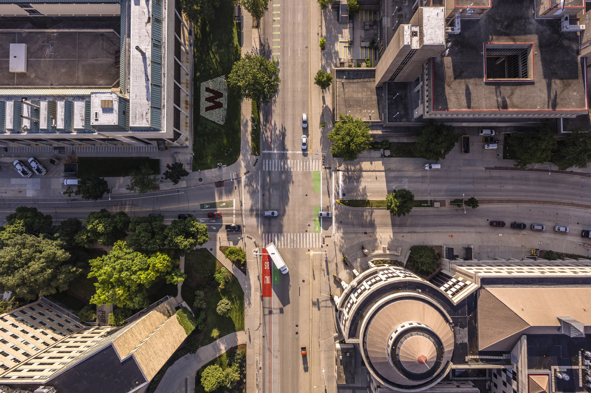 Drone view of an intersection on campus