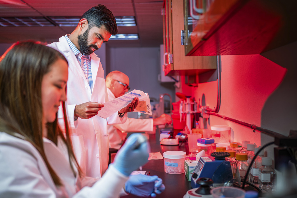 Faraz Choudhury wearing a white lab coat reads a pamphlet while observing work in the lab at Immuto Scientific
