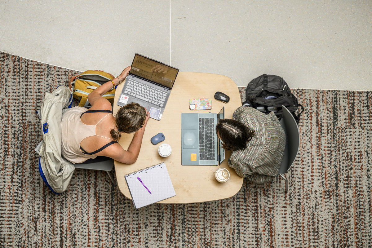 Overhead view of two people studying with their laptops