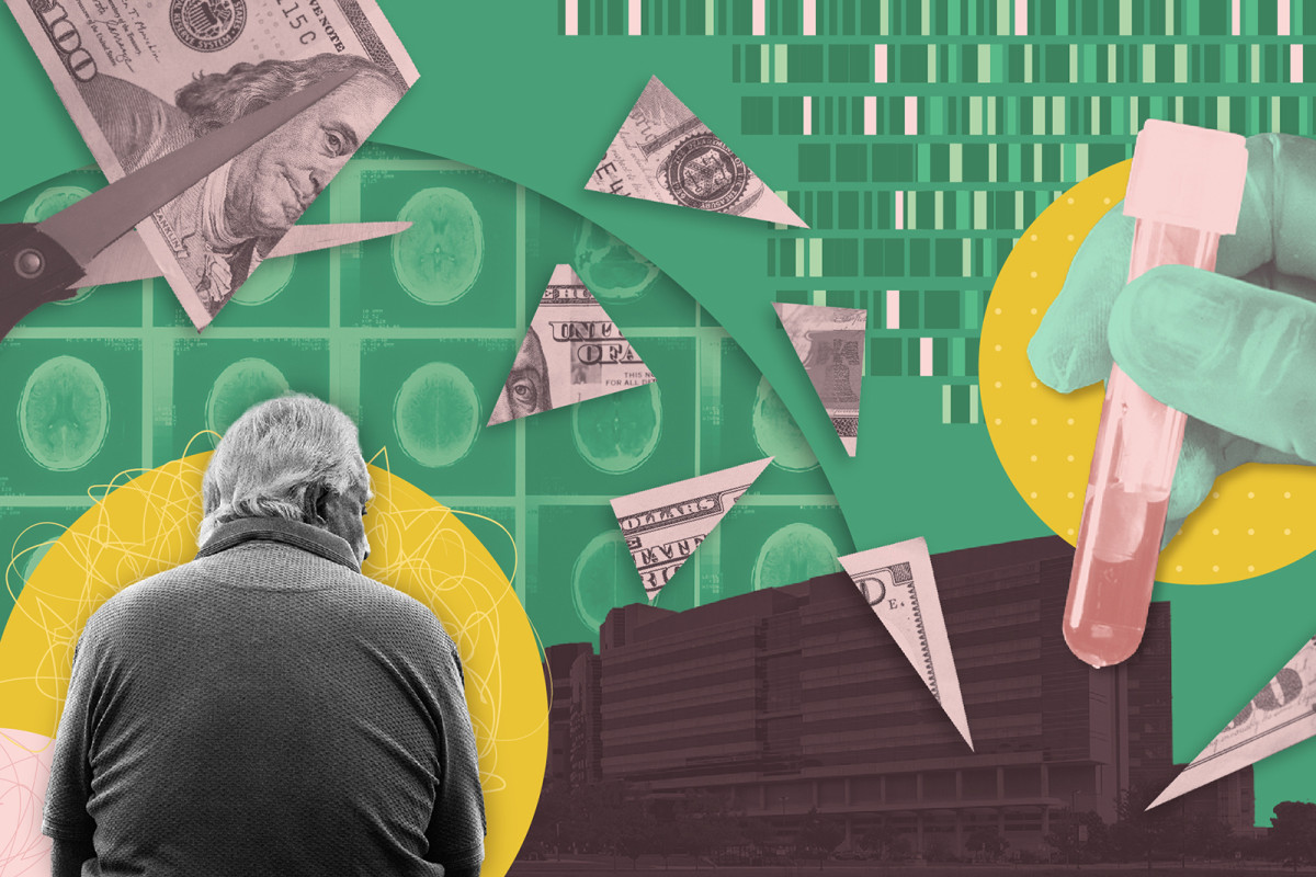 Illustration showing elderly person sitting from behind, a test tube, and a scissors cutting up a $100 bill