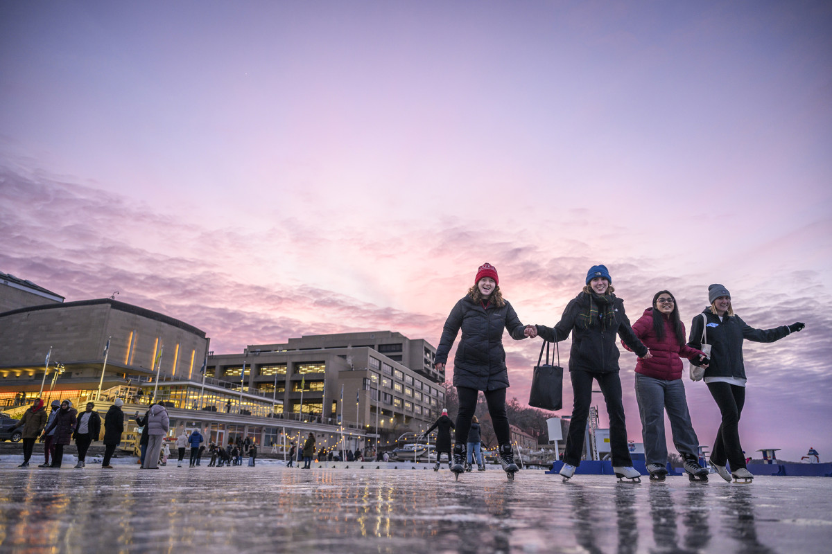 Group of people holding hands while ice skating