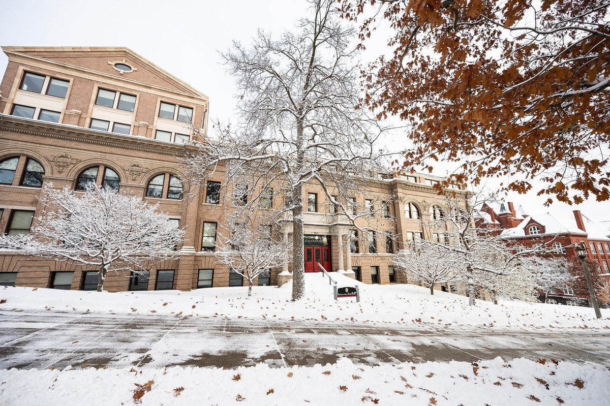 A photo of a building covered in snow.