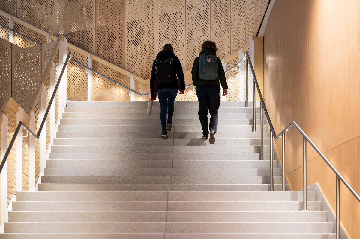 From behind, two students walk up a staircase in Morgridge Hall.