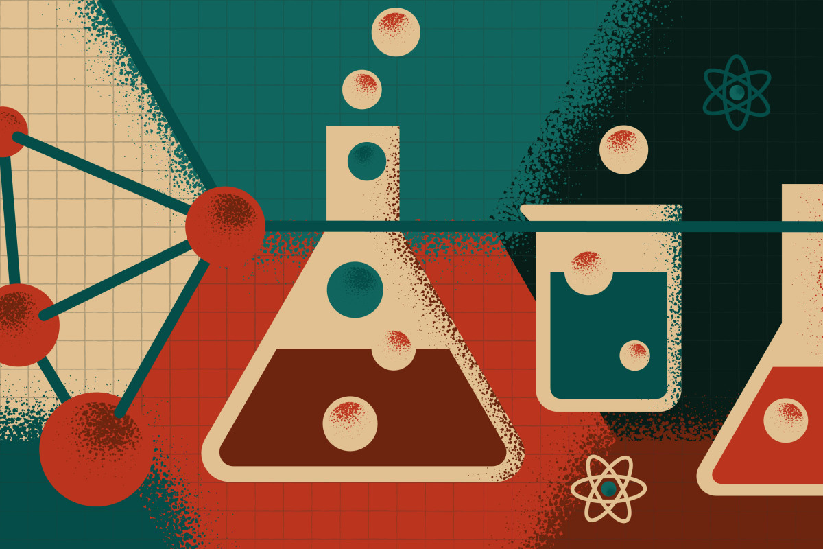 Chemistry illustration featuring molecule connections and a variety of beakers.