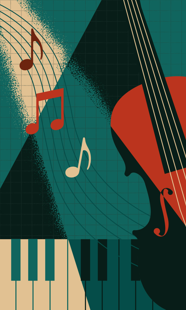 An illustration with music notes, a violin and piano keys.