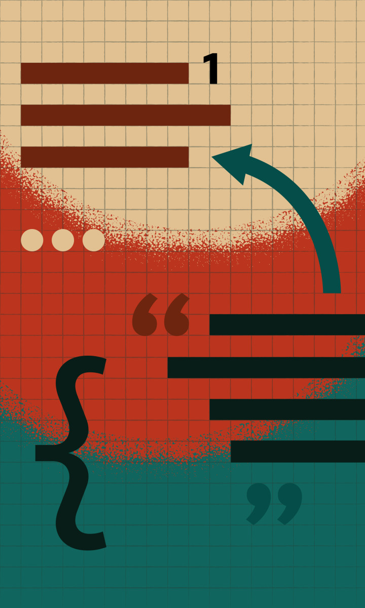 Composition symbols including lines, arrows, brackets, ellipses, and pull quotes
