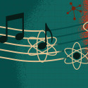 Illustration of sheet music transitioning into atoms
