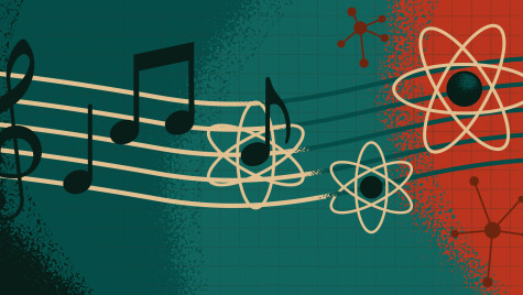 Illustration of sheet music transitioning into atoms