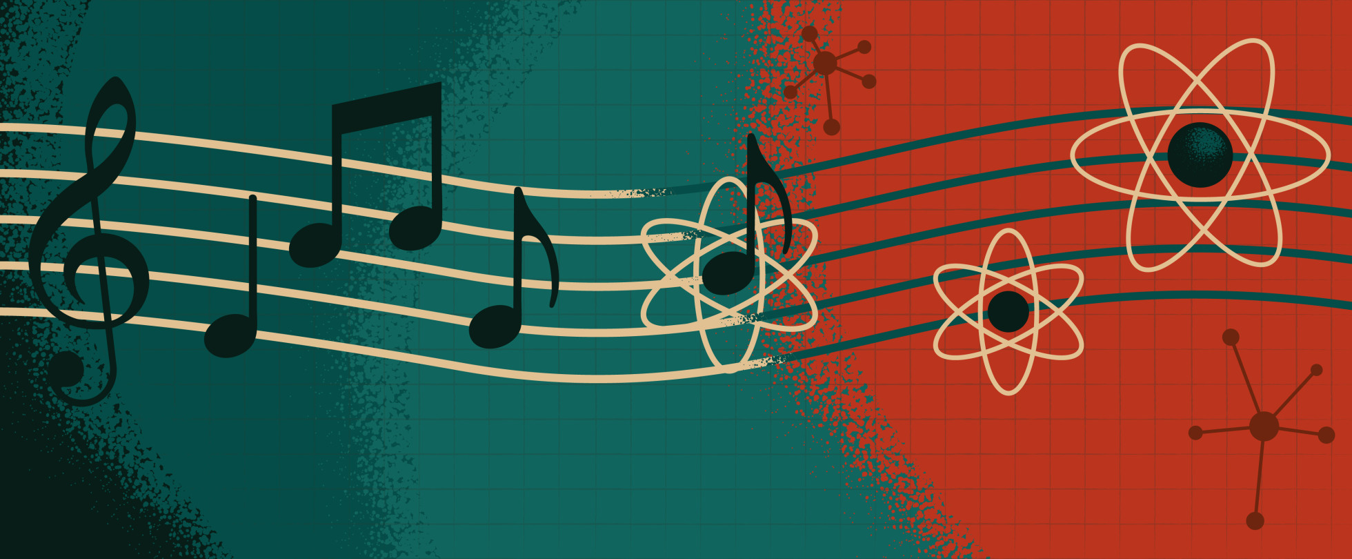 Illustration of sheet music transitioning into atoms