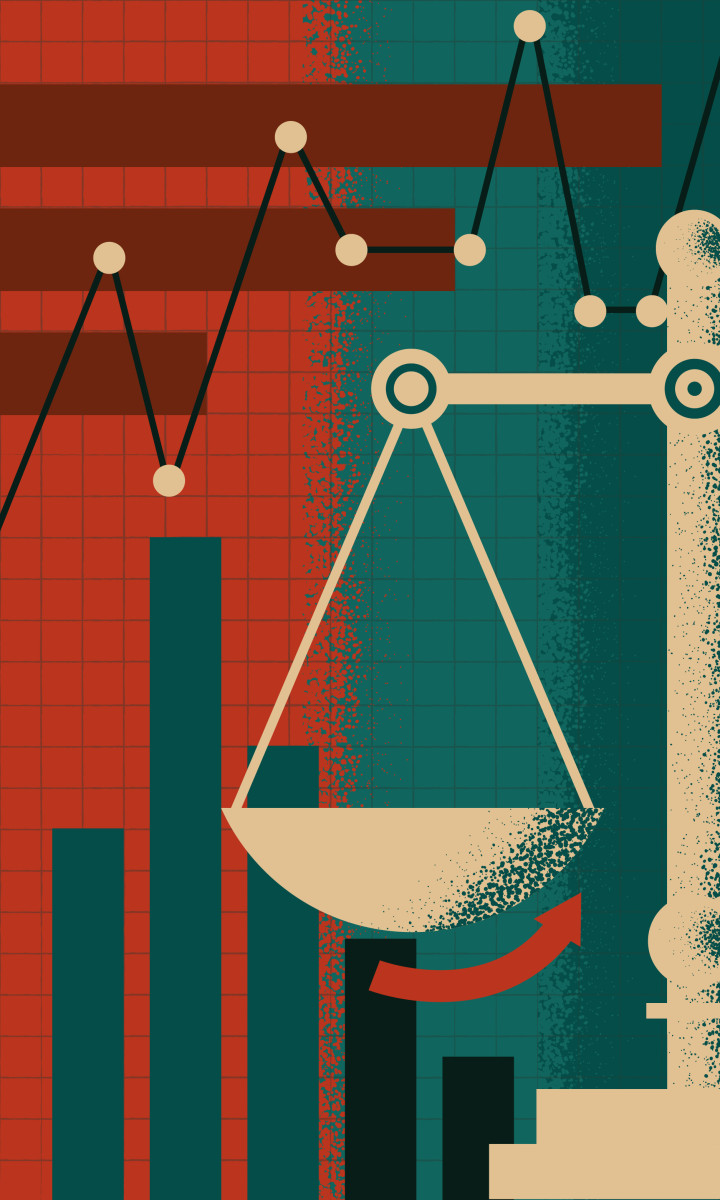 Illustration of a scale, bar graphs, and line graphs.