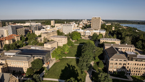 An aerial view of Bascom Hill, lined by academic buildings, on the UW–Madison campus.