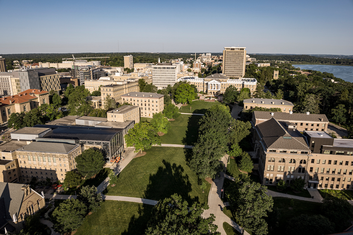An aerial view of Bascom Hill, lined by academic buildings, on the UW–Madison campus.