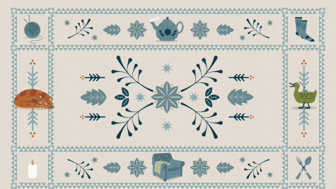 An illustration of a quilt-like design showing cozy flowers, animals and household items, such as a tea kettle and armchair.