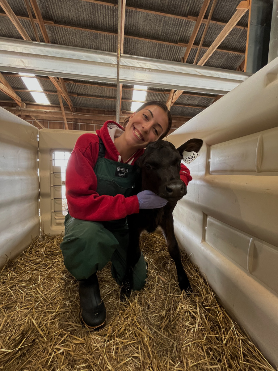 Lauren Jacobs hugs a black calf in a barn.