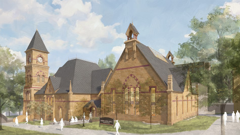 A drawn rendering shows the updated exterior of Music Hall.
