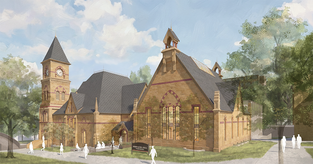 A drawn rendering shows the updated exterior of Music Hall.