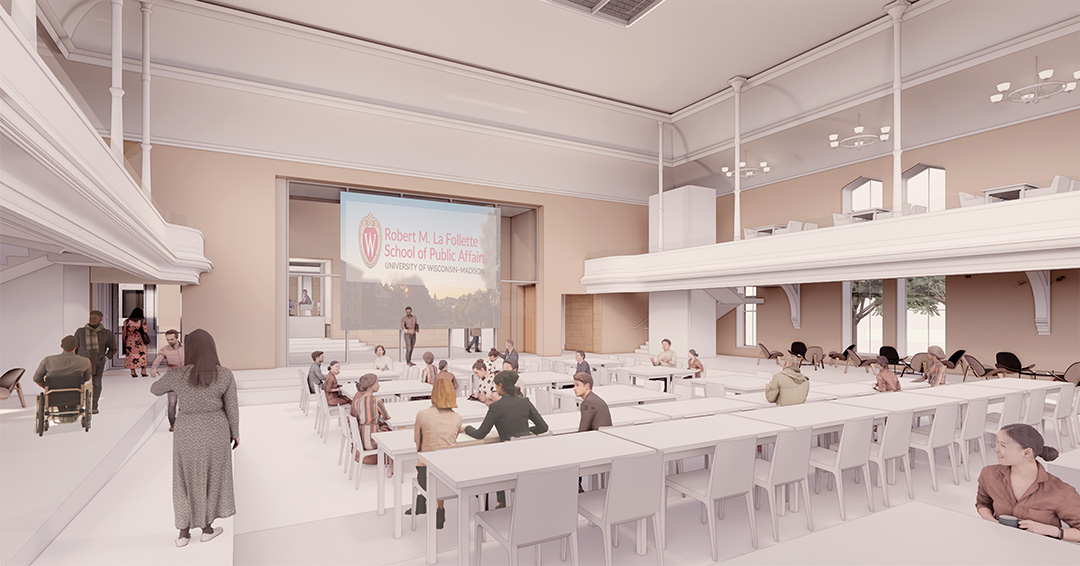 A drawn rendering shows people congregating inside a large communal space inside Herb Kohl Hall.