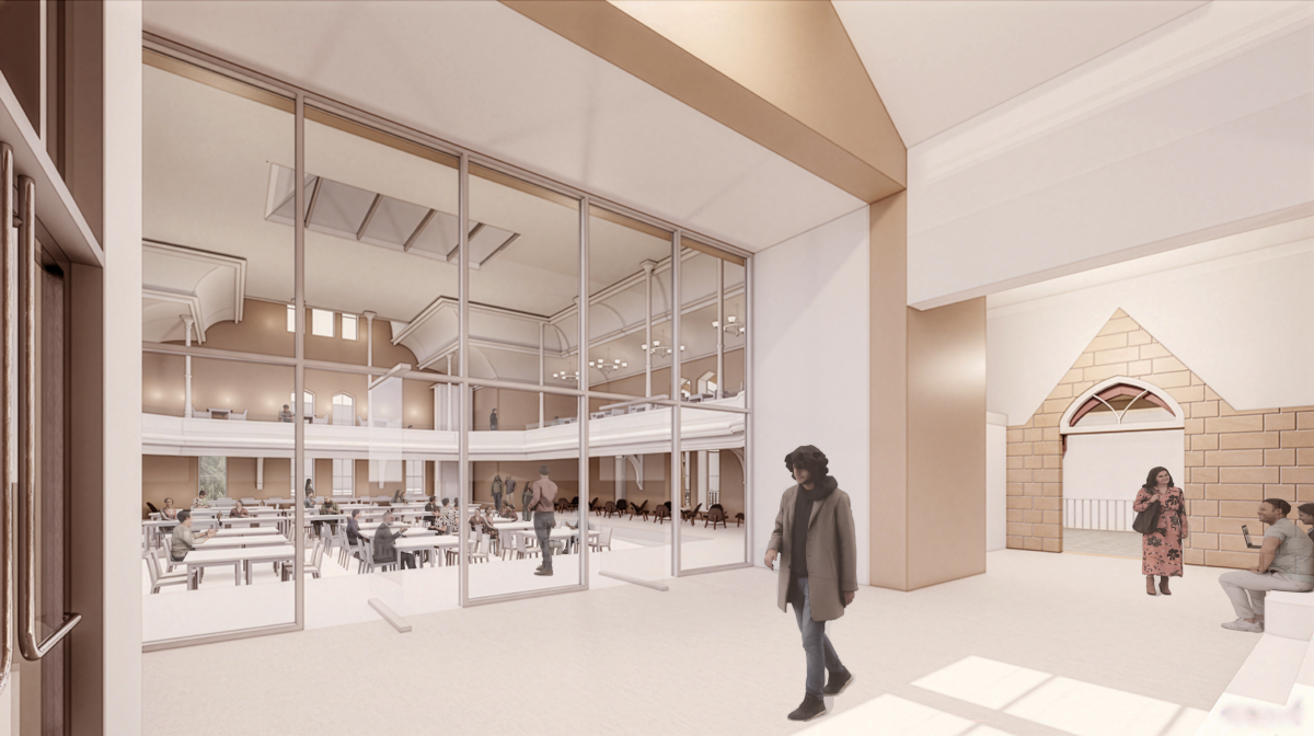 A drawn rendering shows a lobby area inside Herb Kohl Hall. Behind the lobby is a communal space with tables.
