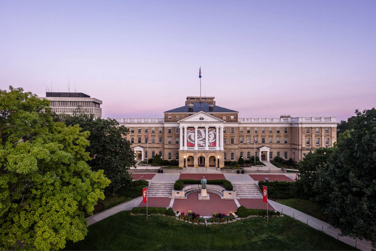 A photo of Bascom Hall at sunrise.