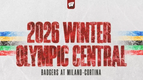 UW-branded graphic with the words '2026 Winter Olympic Central: Badgers at Milano-Cortina'