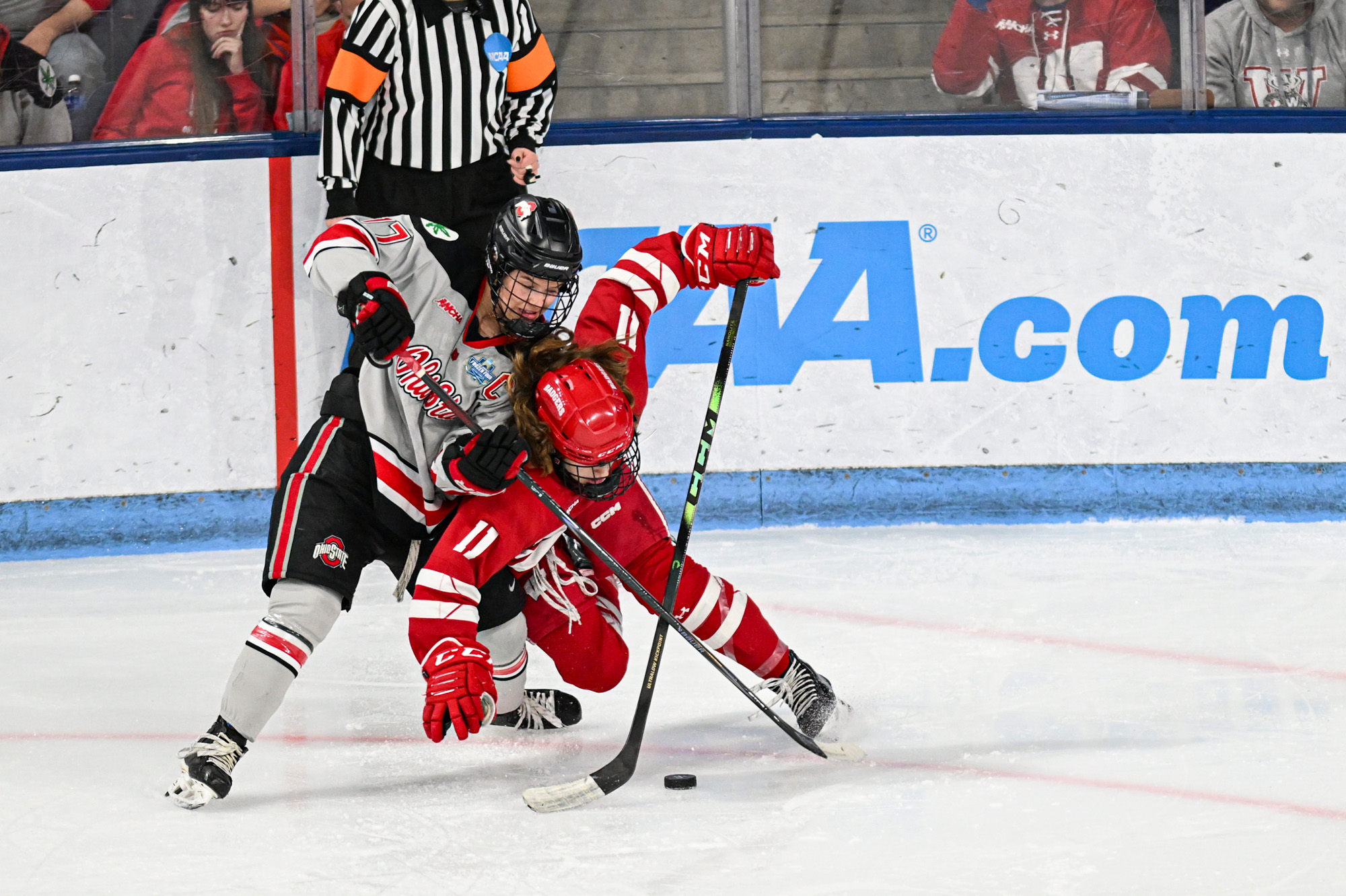 A Badger women’s hockey player and an Ohio State women’s hockey player aggressively go after a puck in front of them.
