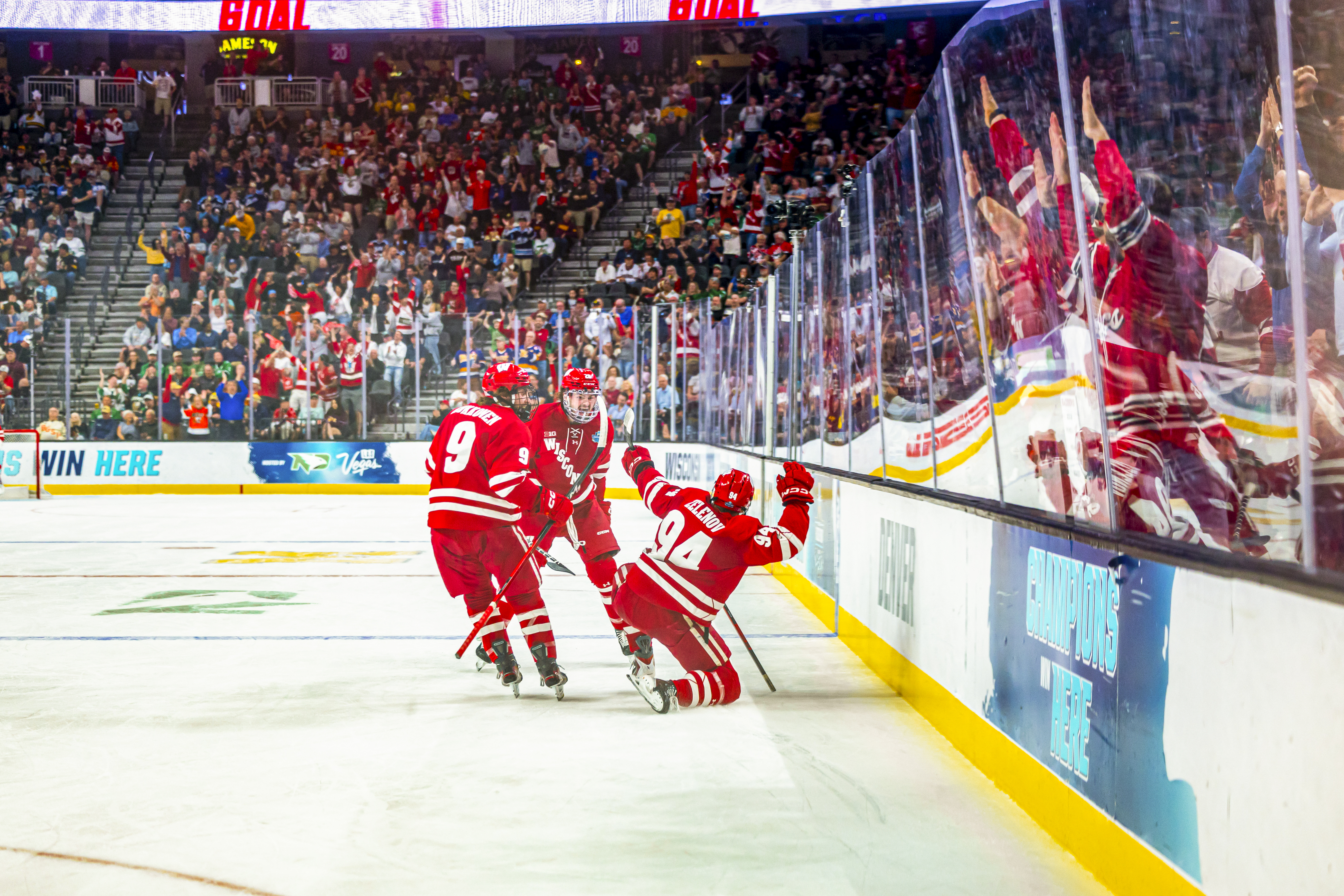 Three Wisconsin players celebrate a goal. One player drops to one knee and throws his arms in the air. On the other side of the protective glass, Wisconsin fans celebrate.