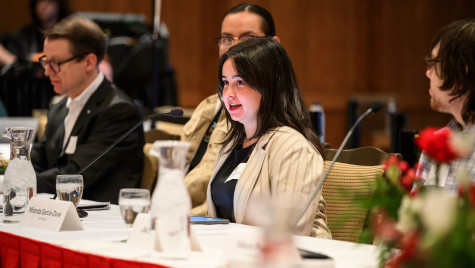 Garcia-Dove sits at a table as part of a speaking panel. She leans forward as she speaks into a table-top microphone.