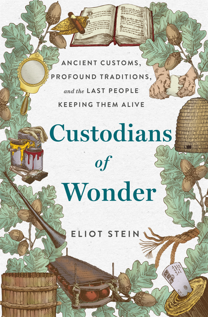 An image shows the cover of the book, Custodians of Wonder: Ancient Customs, Profound Traditions, and the Last People Keeping Them Alive. The graphics are illustrated and show mentions of the stories in the book, such as an open book, hands kneading dough, a woven hut and open cans of paint with a set of paintbrushes.