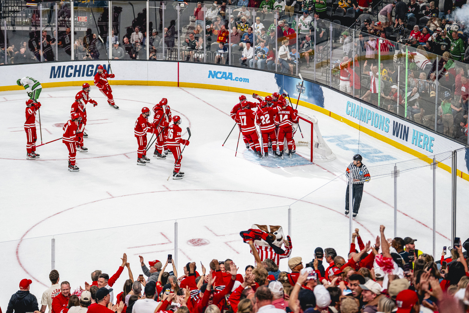 Wisconsin fans and Bucky Badger celebrate in the stands as the hockey players unite in a team celebration on the ice.