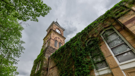 Looking up at Music Hall clock tower, with ivy wrapping the building.