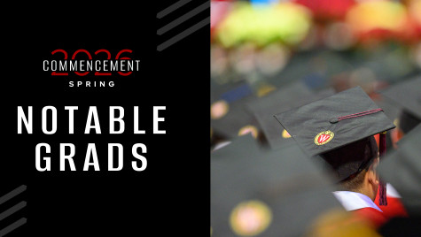 Promotional graphic for Spring 2026 Commencement featuring the text 'Notable Grads' alongside a photo of graduates wearing black mortarboards at a graduation ceremony.