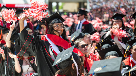 Graduates celebrate the moment during UW–Madison's spring commencement ceremony at Camp Randall Stadium at the University of Wisconsin–Madison on May 9, 2026. The outdoor graduation was attended by thousands of bachelor’s, master’s, and law degree candidates, plus their guests.