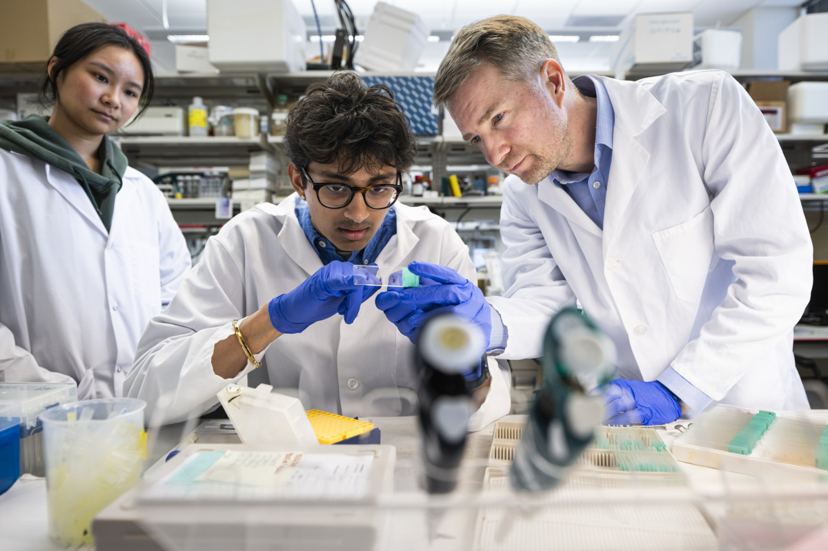 Alexey Glukhov watches as two undergraduate students analyze a piece of lab testing.