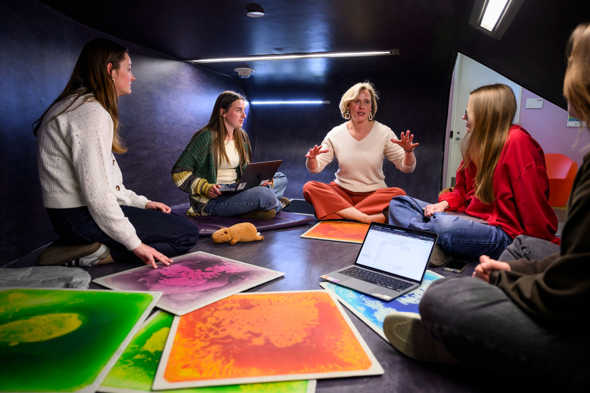 Valerie Hammer sits with a group of undergraduate students inside a unique study room in Madison Public Library. 