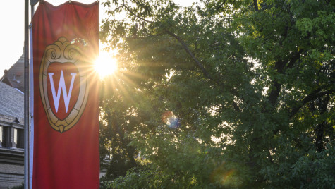 A bright sun shows through the trees next to a red UW–Madison banner.