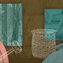 Photo illustration showing a collage of photographs: a hand holding a basket; a forest; a log; a person using a knife to pull up bark on a tree. The image contains three simple hand drawn elements: an emerald ash borer, a basket, and a mallet.