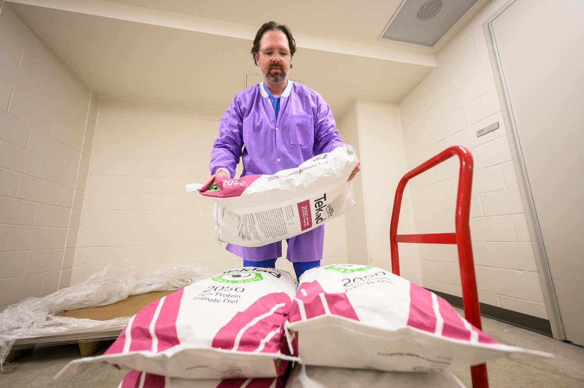 Richard Payton loads large bags of primate food on to a cart in a utility room at the Wisconsin Institute for Medical Research.