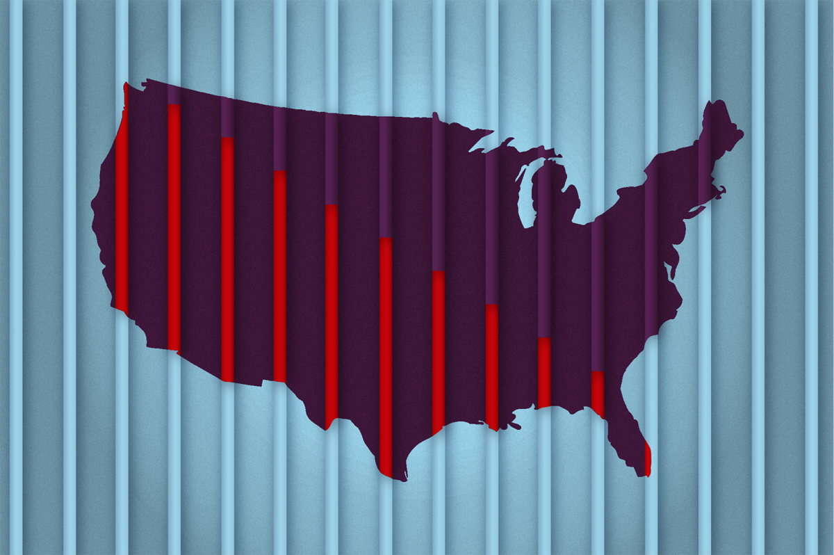 Illustration of a U.S. map with bars as from a jail across the image. Within the map area, the red bars get smaller as they go across to the left.