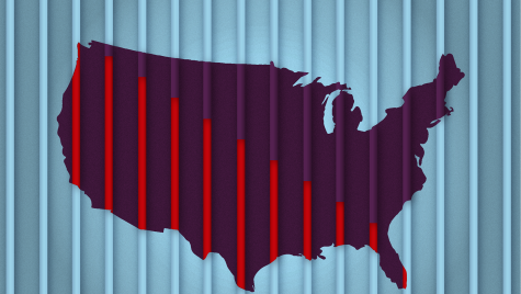 Illustration of a U.S. map with bars as from a jail across the image. Within the map area, the red bars get smaller as they go across to the left.