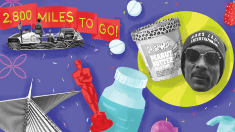 Illustrated collage on a purple background combining a grayscale image of Snoop Dogg's face, a boat with '2,800 miles to go' text, the Milwaukee Art Museum, and colorful items like tools, pills, ice cream, and fruit arranged in a playful, graphic style.