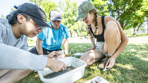 Three students sit on the grassy ground and look into small small bucket holding their sample of water.